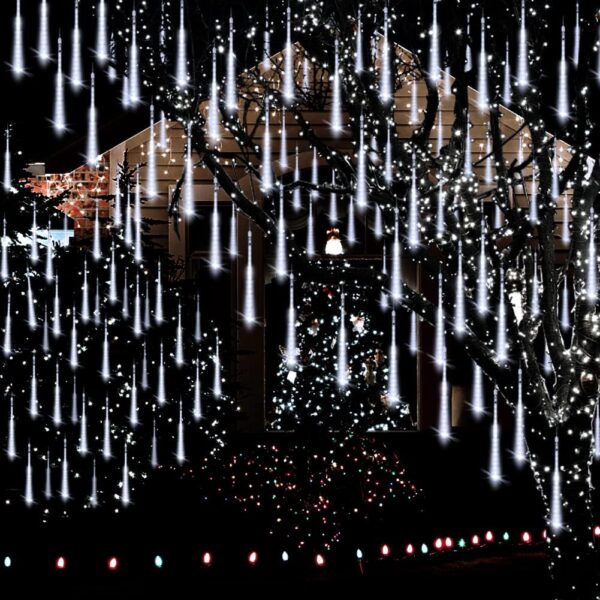 Adecorty Christmas Lights Outdoor, Meteor Shower Lights 12 inch 8 Tubes Snow Falling Rain Cascading Icicle Lights for Xmas Tree, Christmas Decorations Outdoor, Luces de Navidad para Exterior (White)