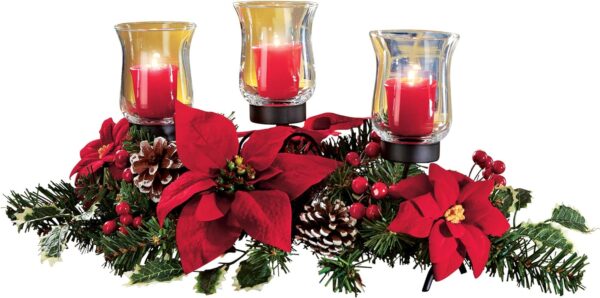 Collections Etc Christmas Poinsettia Candle Holder Centerpiece with Pinecones, Red 20" L x 9" W x 9 1/4" H